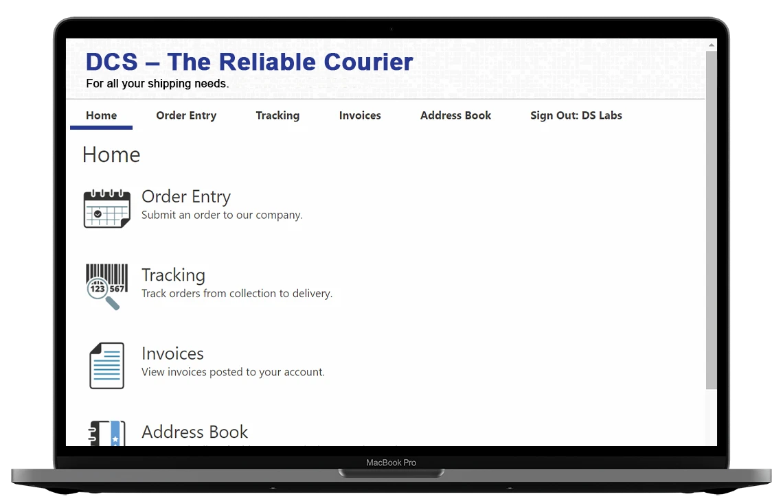 DCS customer portal showing order entry, tracking, invoices, and address book